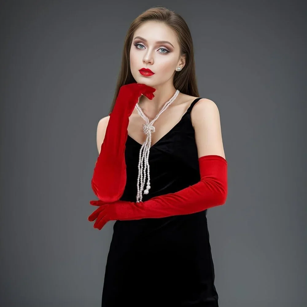Women's Red Velvet Long Gloves Elbow Length Costume Flapper Evening Banquet